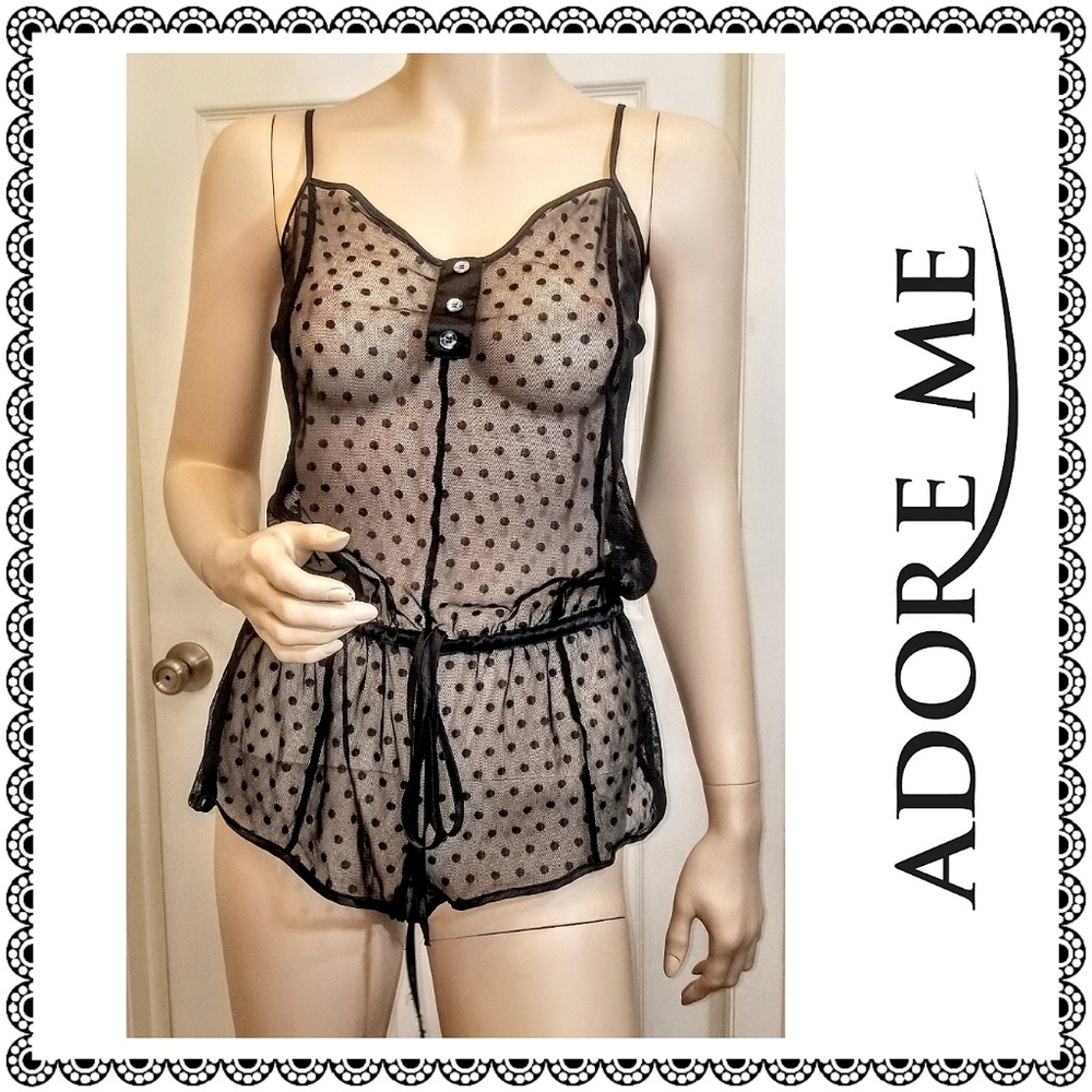 {Adore Me} black swiss-dot sheer teddy/onesie sz L